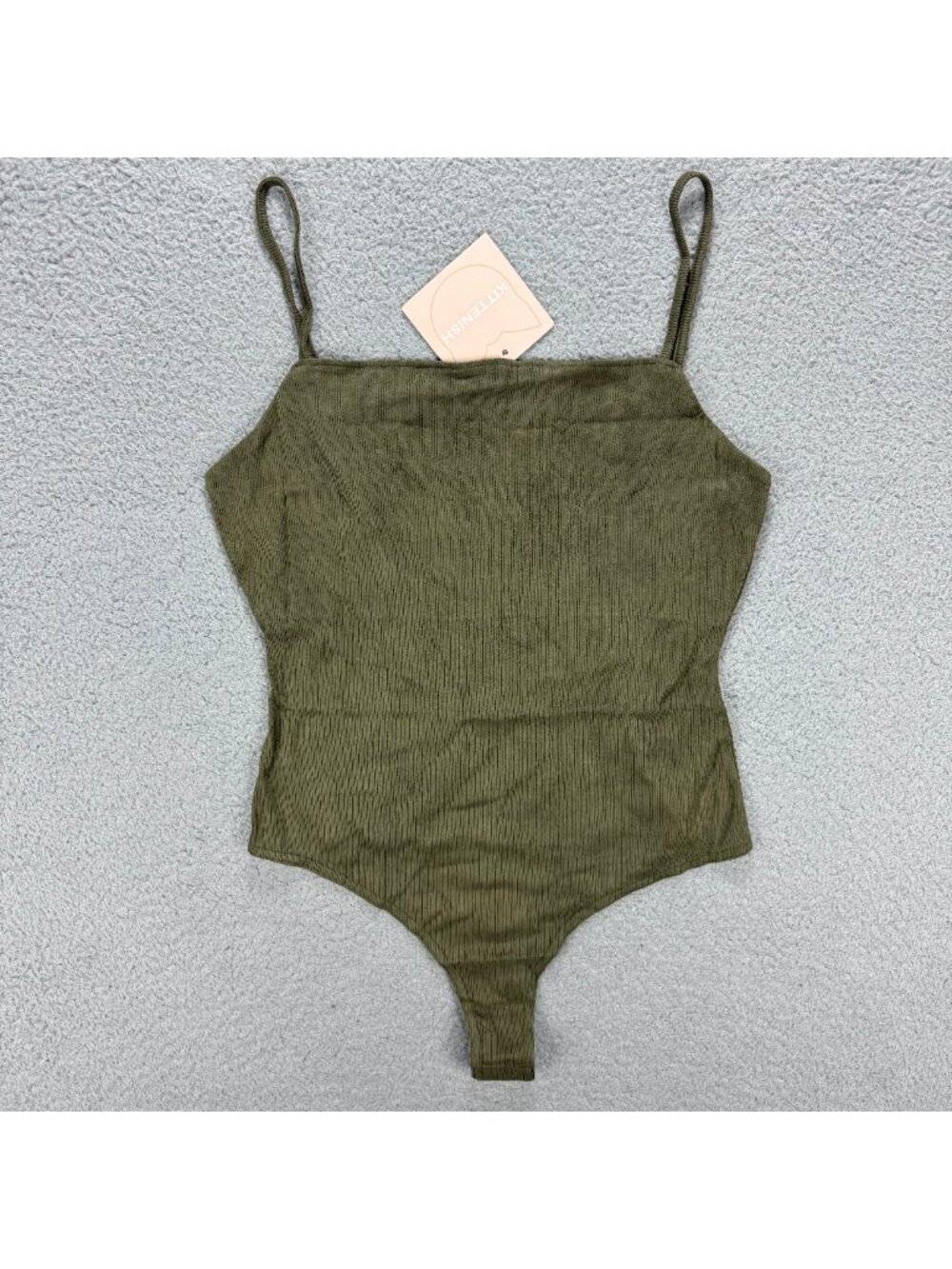 Kittenish Bodysuit Womens Large L Olive Green Ribbed Thong Spaghetti Strap Top